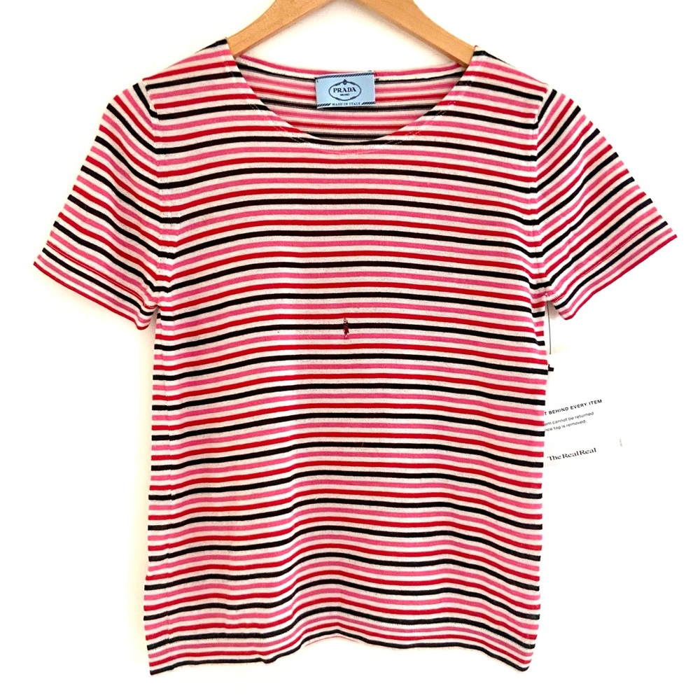 PRADA Striped Cashmere Crew Neck Sweater Short Sleeve Tee